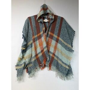 QUAGGA Hooded Poncho Ruana Cape Shawl Fringe Plaid Herringbone Women‎